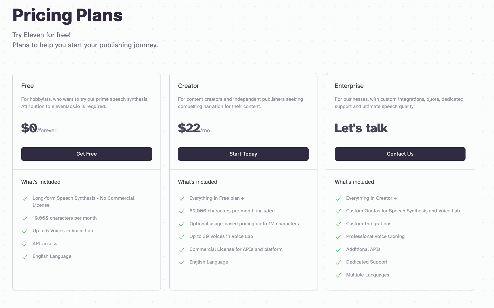 ElevenLabs pricing in 2023: Free, Creator at $22/month, and Enterprise